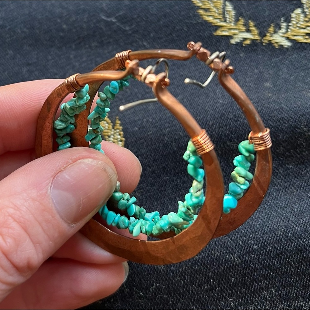 Handmade copper and turquoise beaded hoop earrings